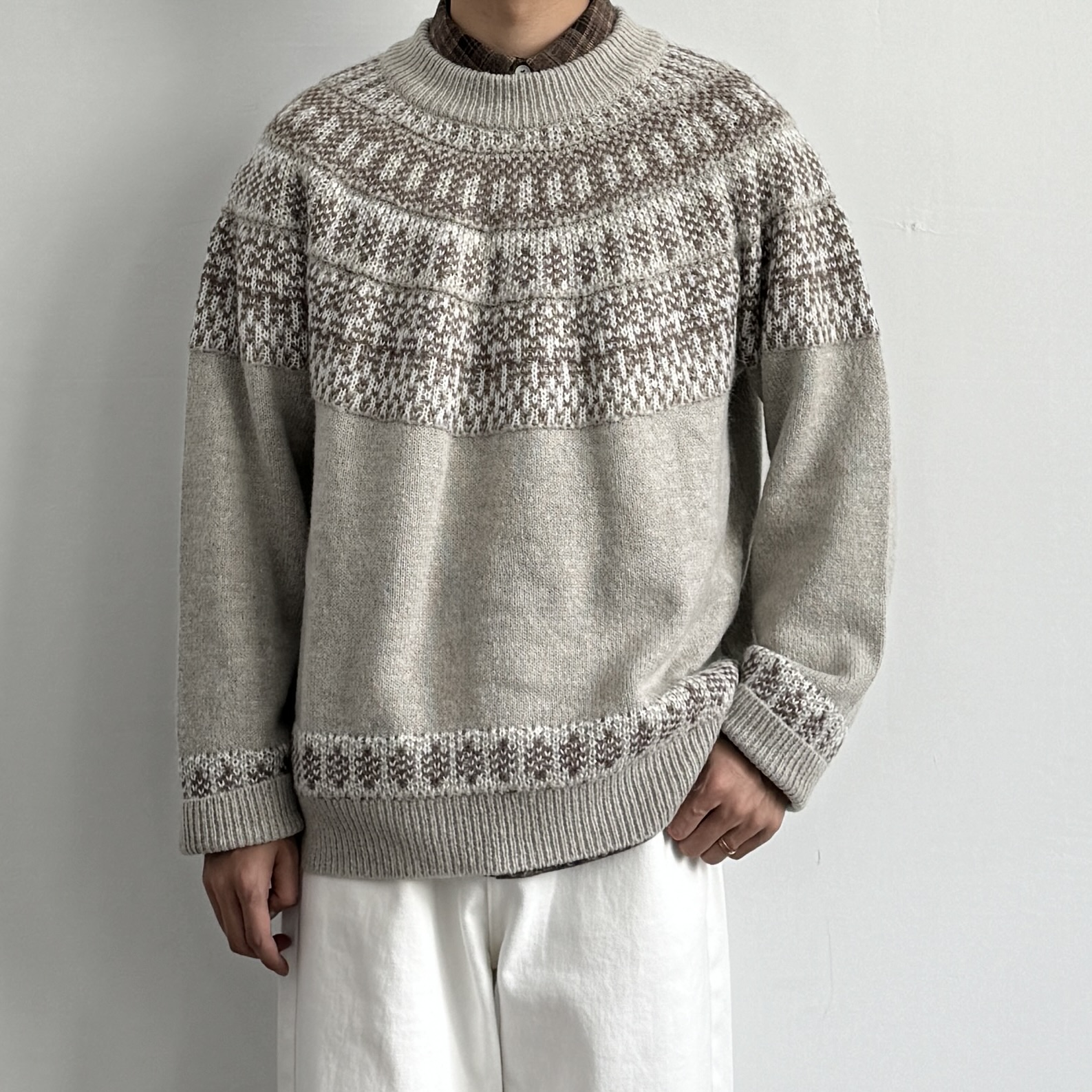 羊毛复古费尔岛提花圆领毛衣