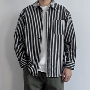 美式 新品 复古工装 宽松休闲衬衣外套2026春季 潮 条纹翻领衬衫 ONUN