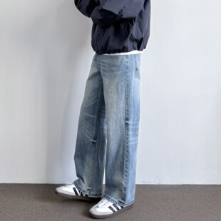 ONUN 复古做旧水洗猫须直筒牛仔裤百搭磨白宽松阔腿休闲显高长裤