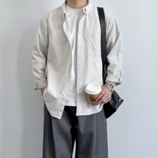 日系宽松休闲翻领衬衣外套 百搭男生春秋新款 ONUN复古条纹衬衫 长袖