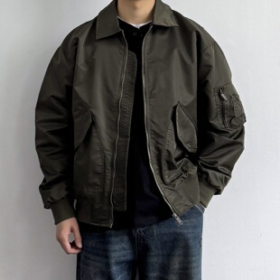 ONUN美式 飞行夹克宽松百搭休闲外套简约纯色春秋上衣 复古翻领工装