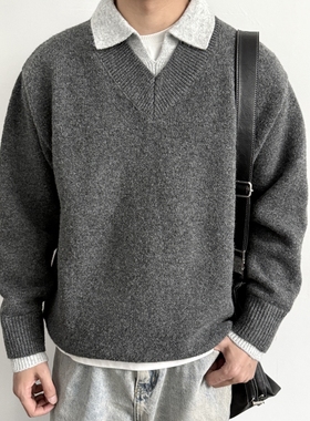 ONUN 美式复古羊毛混纺假两件V领毛衣宽松氛围感翻领老钱针织衫潮