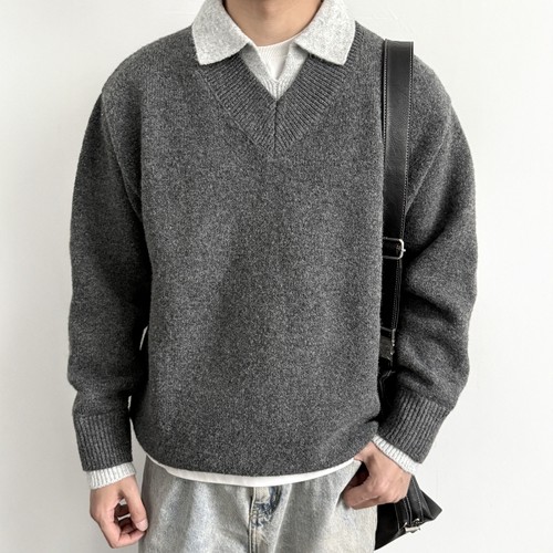 美式复古羊毛混纺假两件V领毛衣