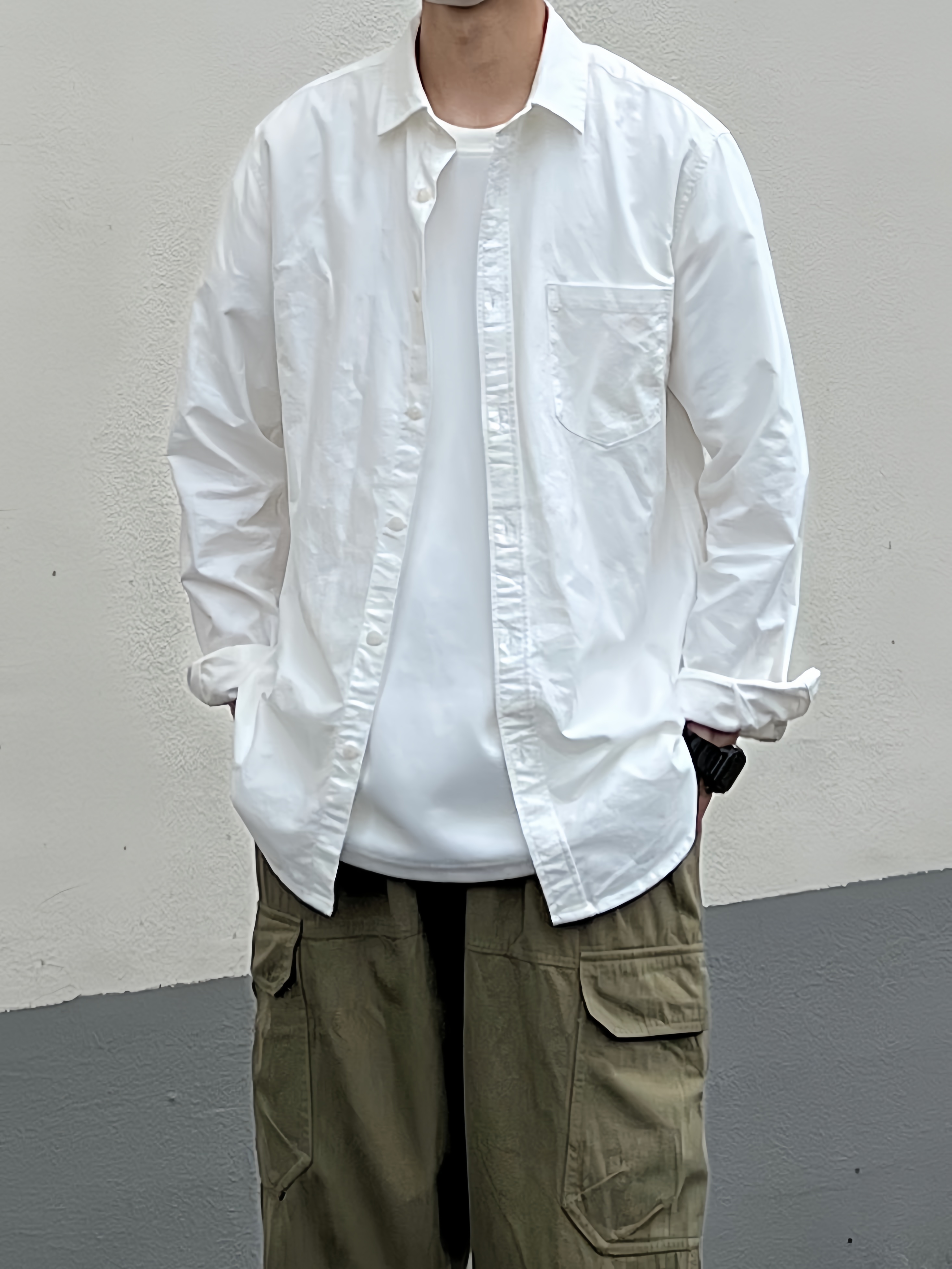 日系复古白色牛津纺长袖衬衫