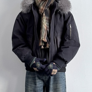 ONUN90白鸭绒美式复古水洗棉质连帽羽绒服冬季保暖可拆卸毛领外套