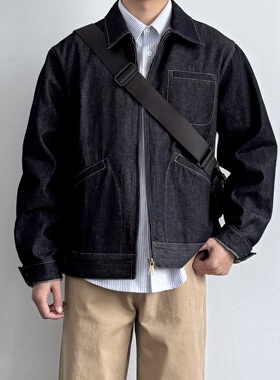 ONUN复古砂洗深蓝色牛仔夹克2026新款百搭男生翻领宽松休闲外套潮