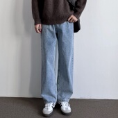 休闲百搭显高阔腿休闲长裤 ONUN复古水洗浅蓝宽松直筒牛仔裤 美式 潮