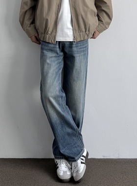 ONUN 复古蓝色水洗做旧直筒牛仔裤2025新款秋季宽松休闲百搭长裤