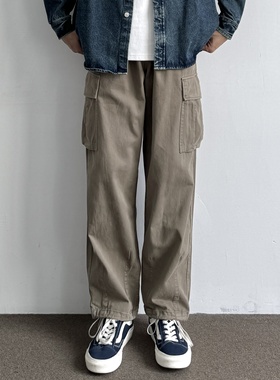 ONUN复古水洗碳磨棉质直筒工装裤日系宽松多口袋松紧腰休闲长裤潮