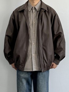 ONUN 复古PU翻领皮衣宽松休闲百搭机车痞帅皮夹克外套流行潮 美式