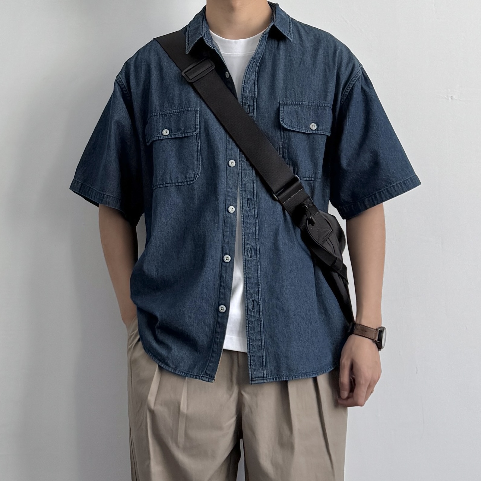 ONUN复古水洗做旧牛仔短袖衬衫