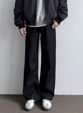 ONUN 美式复古水洗宽松直筒牛仔裤口袋手工缝线黑色丹宁休闲长裤