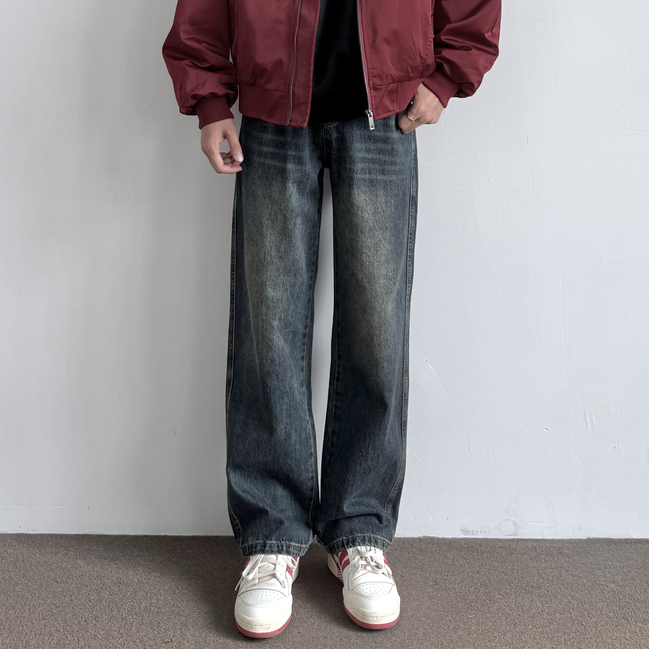ONUN美式复古水洗做旧直筒牛仔裤