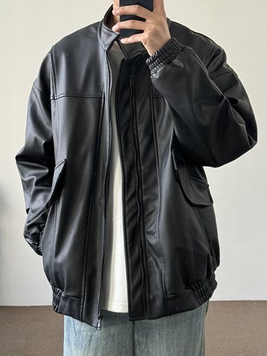 美式复古荔枝纹皮衣夹克