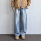 ONUN 休闲直筒潮流长裤 美式 复古水洗做旧磨白宽松廓形弯刀牛仔裤