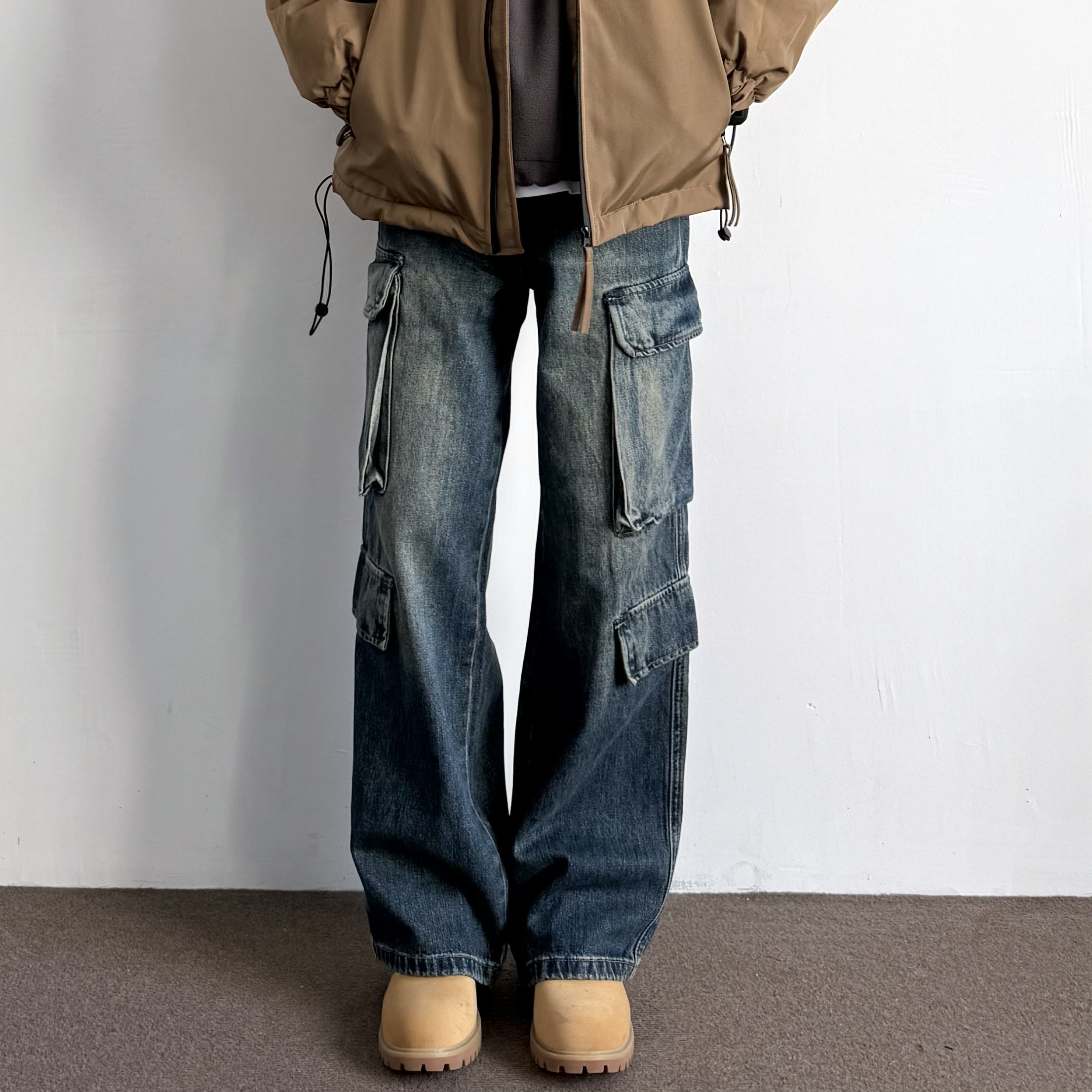 复古做旧宽松阔腿工装牛仔裤