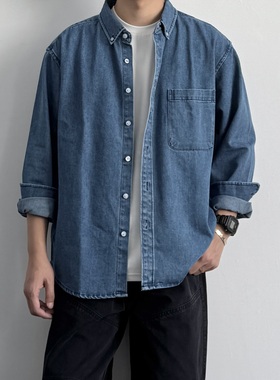 ONUN日系复古水洗工装牛仔衬衫长袖宽松休闲百搭纽扣领衬衣外套秋