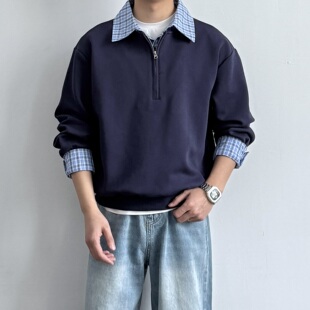 宽松休闲套头衫 复古假两件格子翻领半拉链卫衣百搭长袖 美式 ONUN