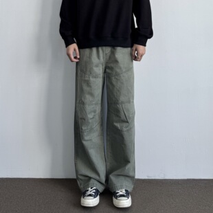 宽松直筒解构设计抽绳松紧腰休闲长裤 裤 复古水洗做旧工装 ONUN美式