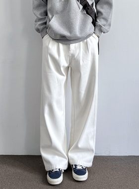 ONUN秋冬加绒阔腿白色牛仔裤简约复古半松紧腰宽松直筒休闲长裤子