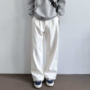 ONUN秋冬加绒阔腿白色牛仔裤 子 简约复古半松紧腰宽松直筒休闲长裤