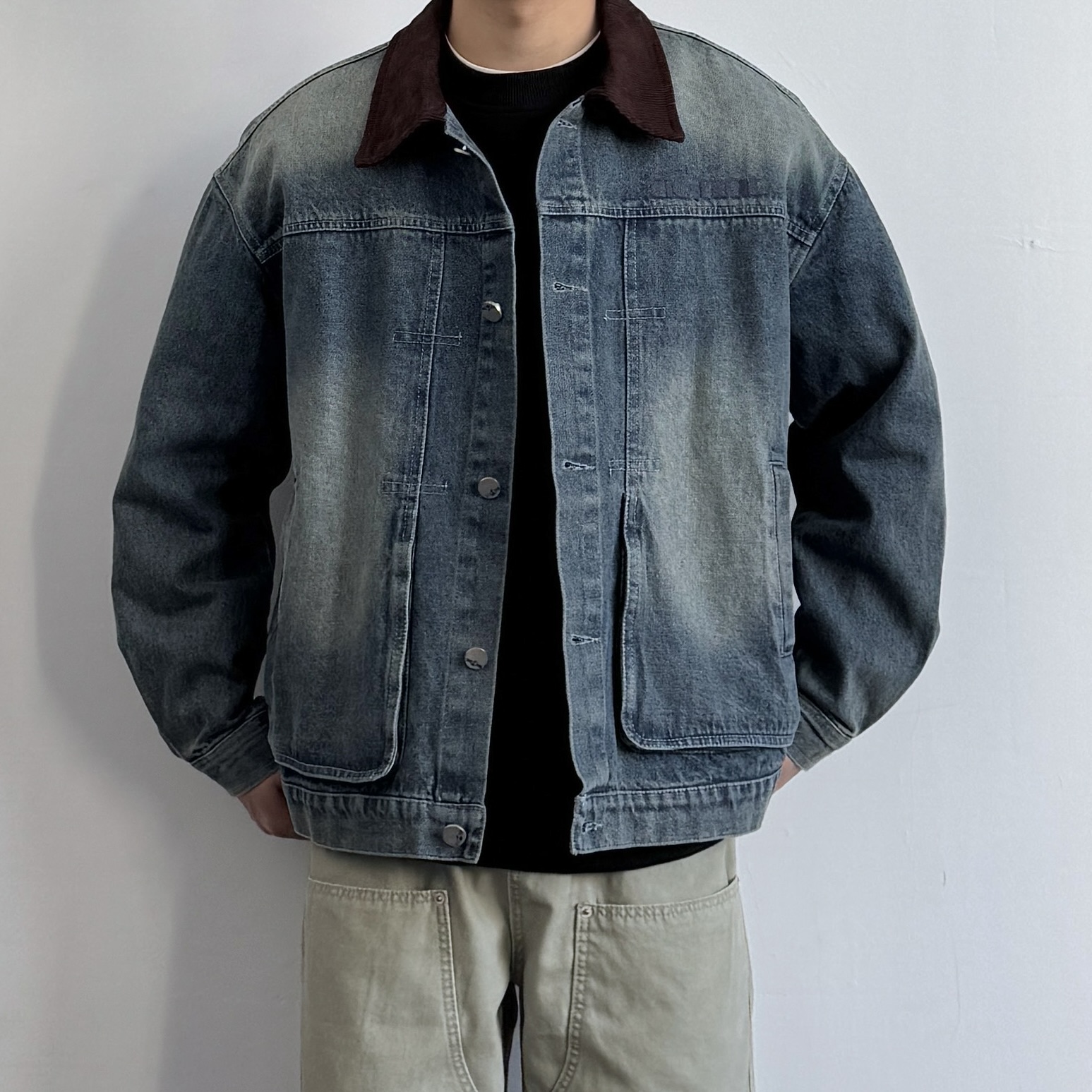 美式复古水洗牛仔工装翻领外套