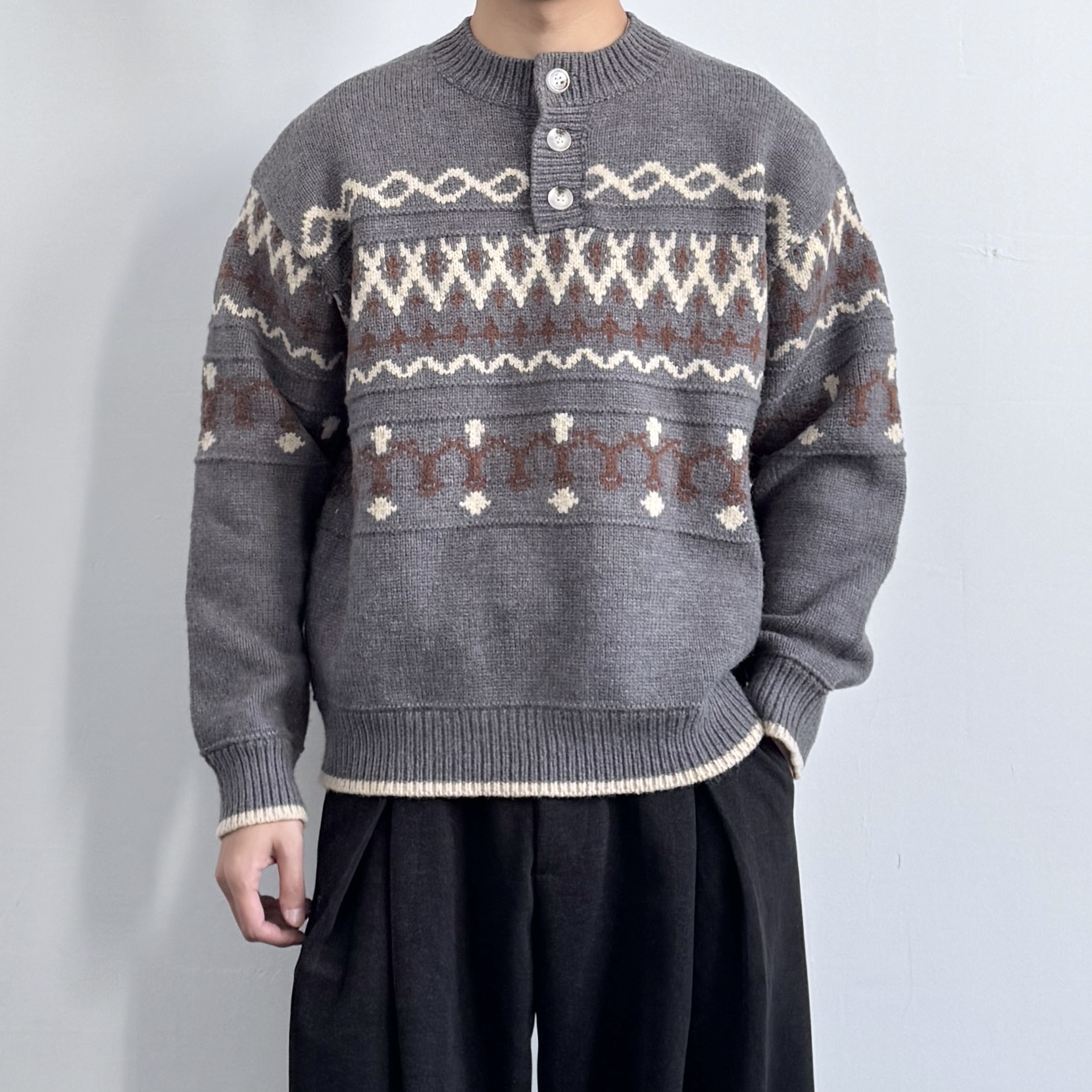 美式复古纽扣亨利领冬季厚实毛衣