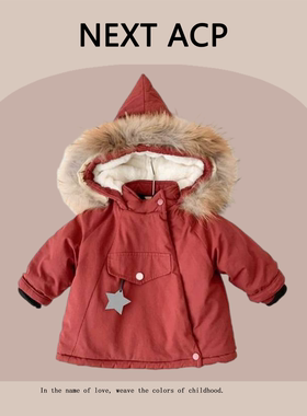 英国NEXT ACP女童棉服外套秋冬女宝宝夹棉风衣红色加绒棉袄精灵帽