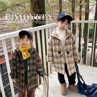 呢格子外套韩版 男童连帽上衣中小童长款 新款 AOAOKIDS儿童冬季 风衣