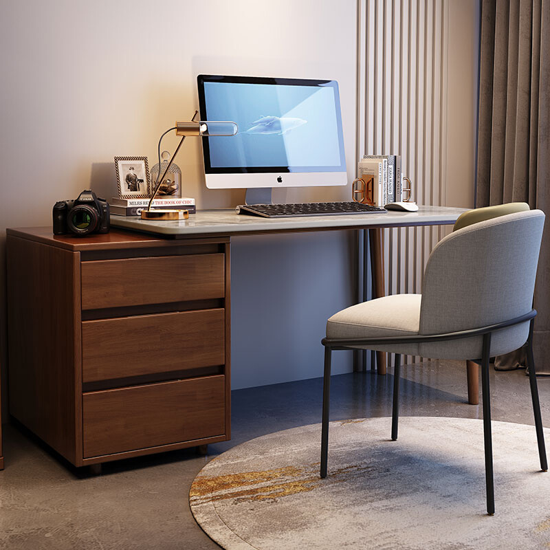 轻奢岩板书桌简约现代台式电脑桌实木办公桌带储物书房家用写字桌