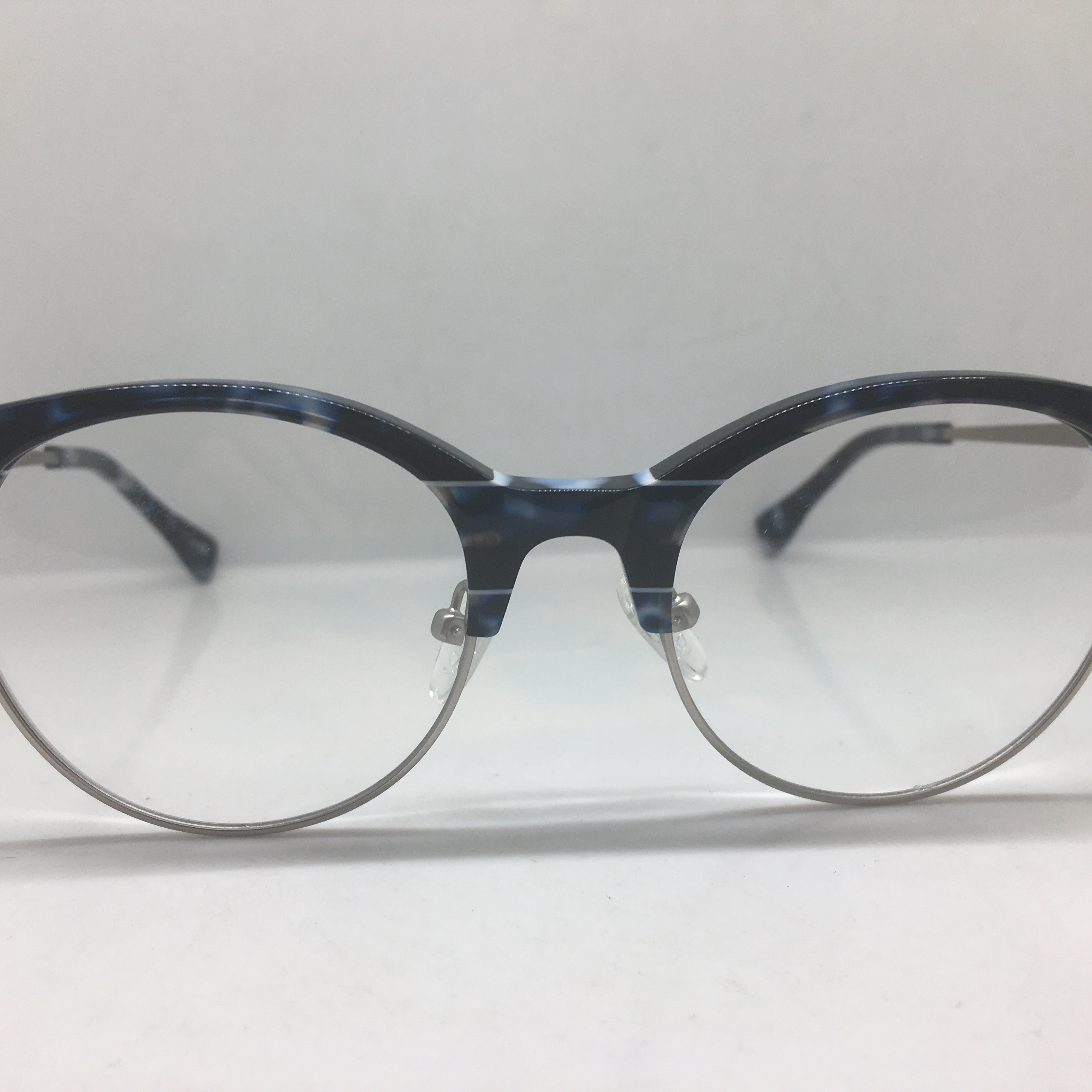 深蓝色板材半框复古圆形银色合金眼镜架男女通用镜框