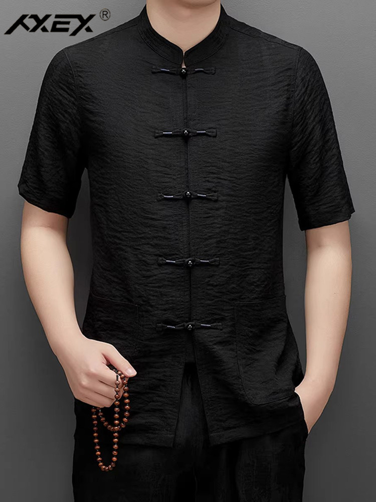 夏季覆古薄款男士唐装中国民族风立领短袖盘扣衬衫休闲国风爸爸装