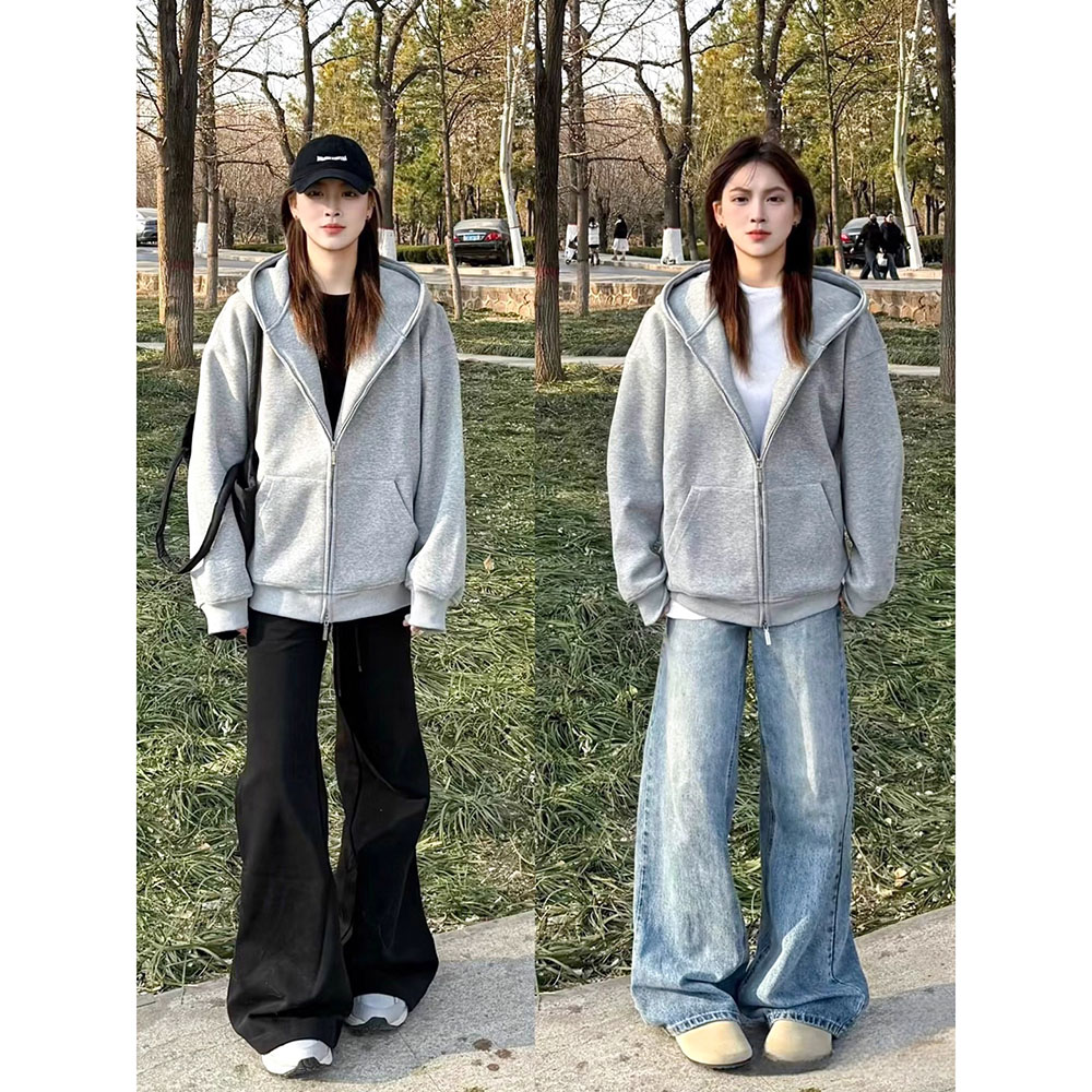 浅灰色连帽开衫卫衣外套女秋2025新款小个子宽松休闲开衫穿搭上衣