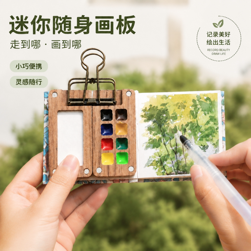 迷你小画板木质随身便携画架写生胡桃木套装素描速写本旅行绘画本亚克力12色调色套装画板初学水彩颜料旅行盒