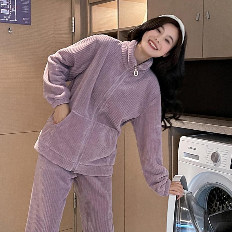 秋冬季珊瑚绒睡衣女运动立领加厚加绒长袖法兰绒家居服套装可外穿