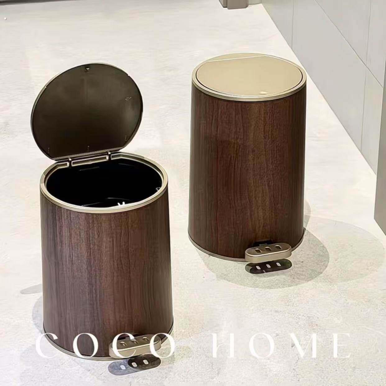 中古风彷木纹垃圾桶家用客厅卧室轻奢高档纸篓双水槽带盖子子脚踏