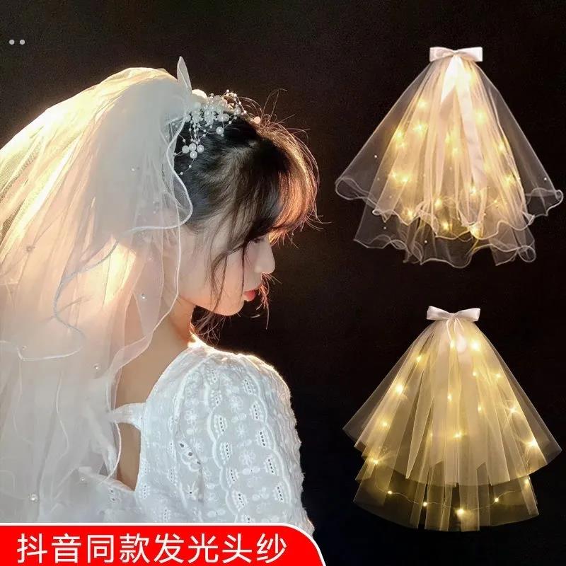 发光头纱网红带灯头纱超仙蝴蝶结丝带拍照头纱夜市摆摊神器蓬蓬纱