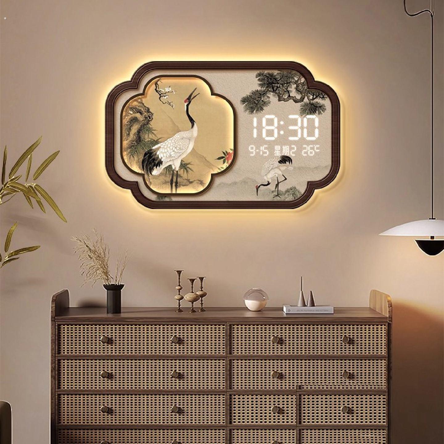 万年历2026年新款玄关装饰画新中式客厅钟表挂画仙鹤电子时钟挂钟