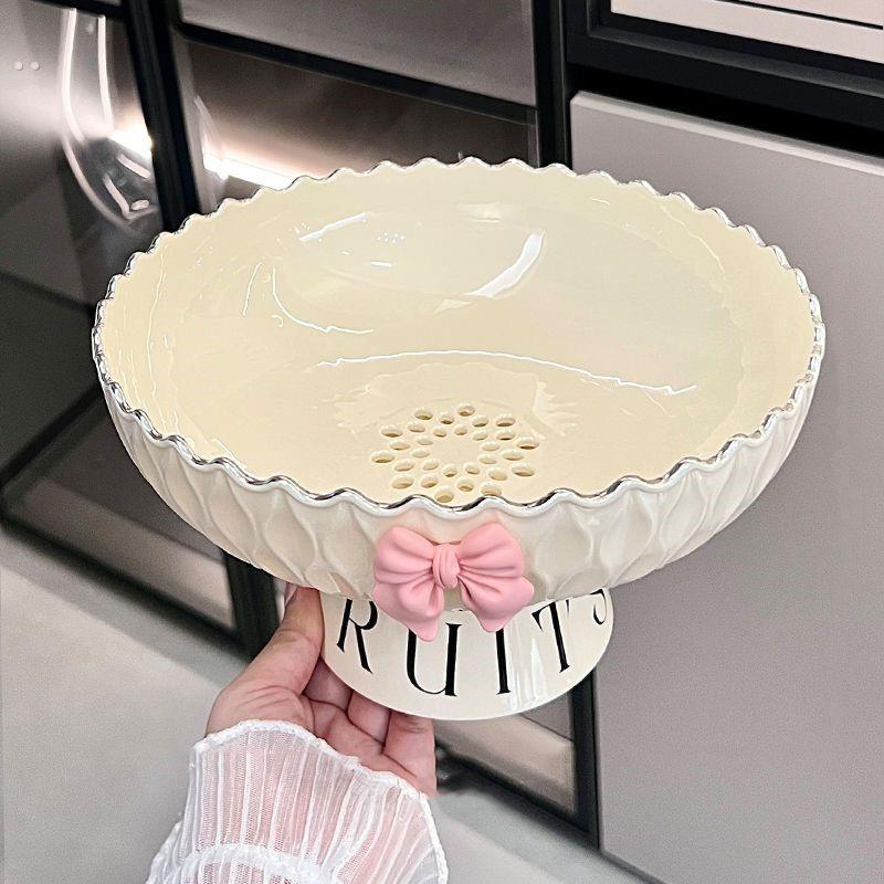 沥水果盘客厅茶几高脚果篮奶油风高颜值糖果零食盘大容量水果盘子