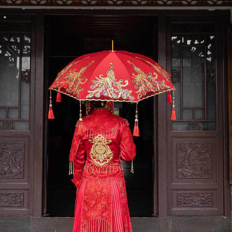 结婚用品新娘婚出门大喜伞庆见详情伞婚庆红红色全自动亮片长柄伞