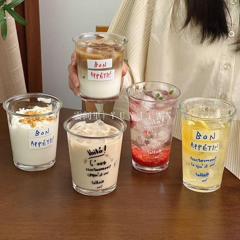 ins网红玻璃早餐杯咖啡厅日韩法式字母印花美式冷萃冰拿铁咖啡杯