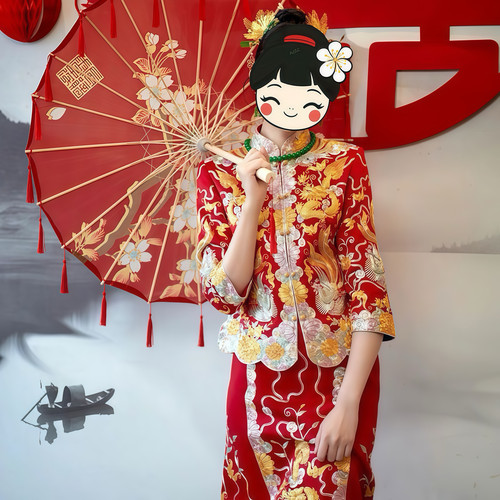 结婚油纸伞新娘红色出嫁婚庆中式婚礼陪嫁古风国风油纸花布伞喜伞