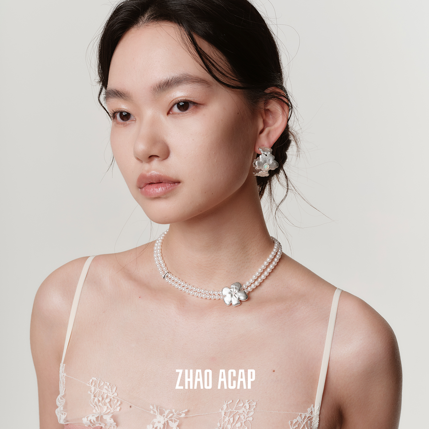 ZHAO ACAP原创设计双层珍珠充气方花花项链