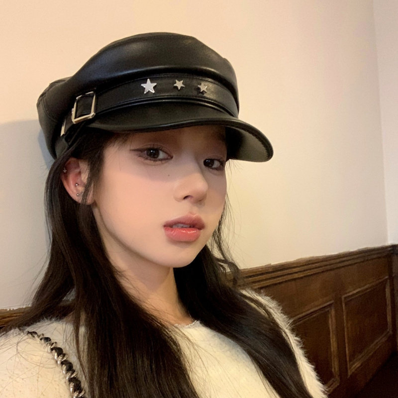 韩版五角星皮扣海军帽秋冬季帽子