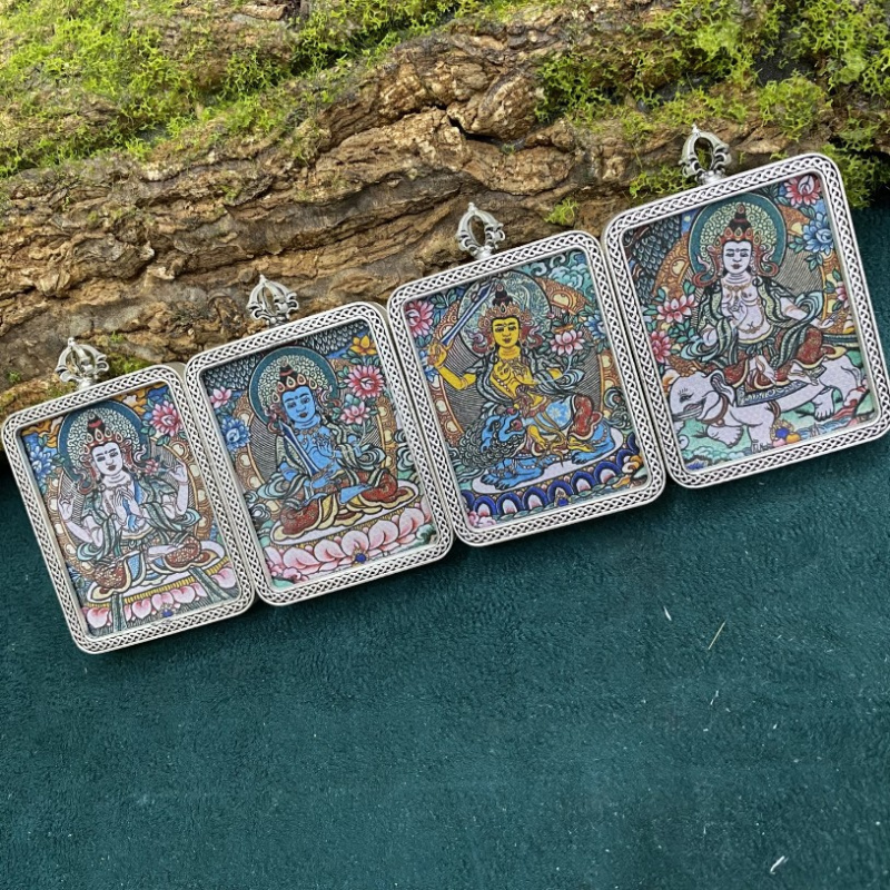 唐卡吊坠八大守护神项链布艺画芯