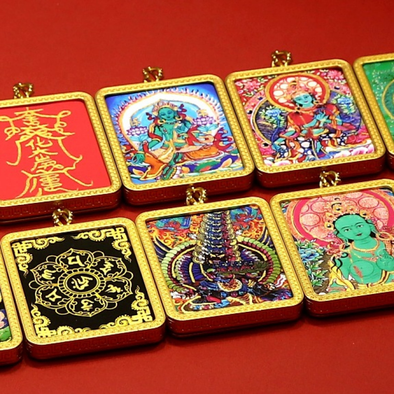 手绘描金绿度母藏式唐卡画芯吊坠饰品六字真言经文