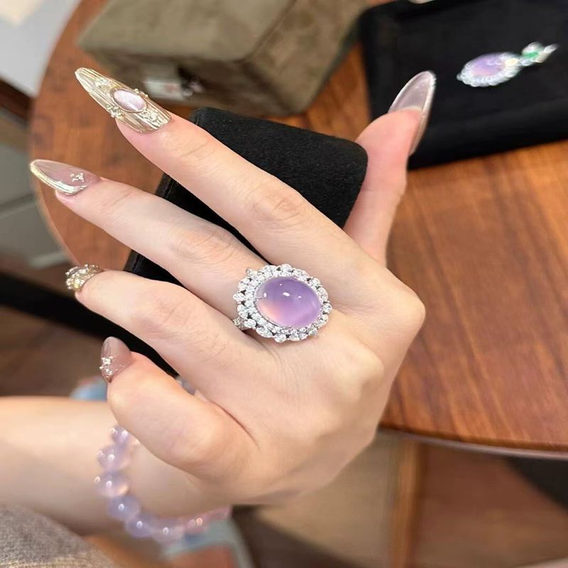 新中式冰种镀银镶紫罗兰玉髓女戒