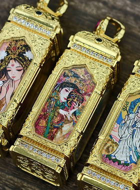 藏式手绘彩金唐卡立体吊坠黄财绿