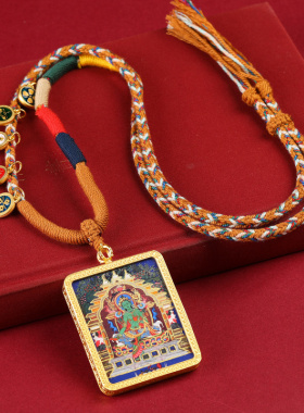 藏风手绘描金唐卡金色框吊坠绿度