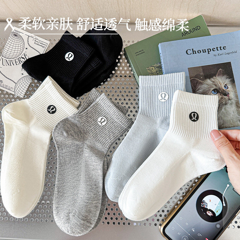 袜子女春夏季薄棉短筒袜网眼吸汗防滑低帮短袜刺绣lulu运动袜夏天